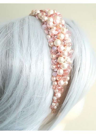 Абитуриентска дизайнерска диадема с кристали и перли Сваровски в розово Pink Crystals and Pearls by Rosie